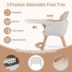 6-in-1 Convertible Wooden Highchair with Safety Harness and Adjustable Legs-Light Brown