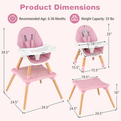 6 in 1 High Chair for Babies and Toddlers Ages 6-36 Months-Pink