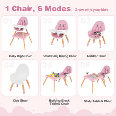 6 in 1 High Chair for Babies and Toddlers Ages 6-36 Months-Pink