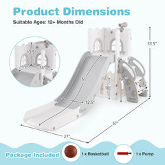 6-in-1 Toddler Slide L-shaped Playground with Basketball Hoop and Ladder-Gray