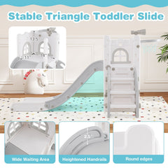 6-in-1 Toddler Slide L-shaped Playground with Basketball Hoop and Ladder-Gray