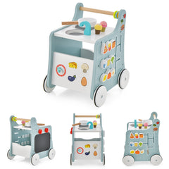 6-in-1 Wooden Baby Stroller with Play Kitchen for Kids Over 12 Months-Blue