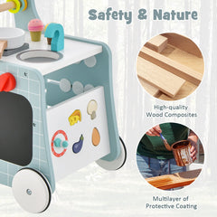 6-in-1 Wooden Baby Stroller with Play Kitchen for Kids Over 12 Months-Blue