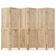6-Panel Wooden Room Divider with Palm Leaf Design & Paulownia Frame for Home