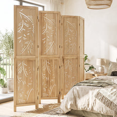 6-Panel Wooden Room Divider with Palm Leaf Design & Paulownia Frame for Home