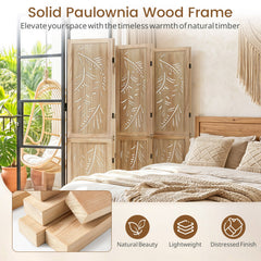 6-Panel Wooden Room Divider with Palm Leaf Design & Paulownia Frame for Home