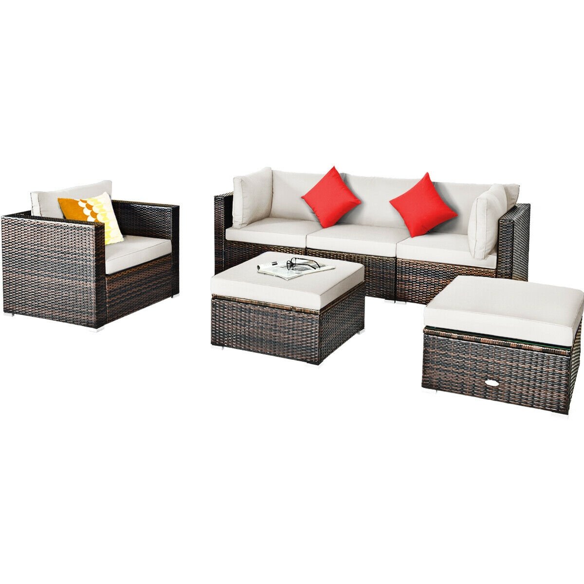6 Piece Wicker Patio Sectional Set, Corner Sofas, Armless Seat, Single Sofa and 2 Ottomans, Cream Cushions