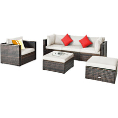 6 Piece Wicker Patio Sectional Set, Corner Sofas, Armless Seat, Single Sofa and 2 Ottomans, Cream Cushions