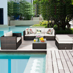 6 Piece Wicker Patio Sectional Set, Corner Sofas, Armless Seat, Single Sofa and 2 Ottomans, Cream Cushions
