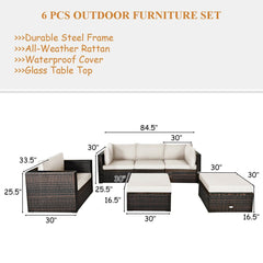 6 Piece Wicker Patio Sectional Set, Corner Sofas, Armless Seat, Single Sofa and 2 Ottomans, Cream Cushions