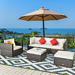 6 Piece Wicker Patio Sectional Set, Corner Sofas, Armless Seat, Single Sofa and 2 Ottomans, Cream Cushions
