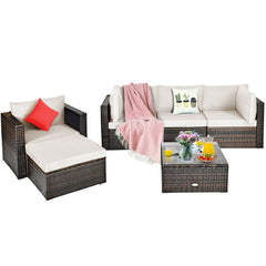 6 Piece Wicker Patio Sectional Set, Corner Sofas, Armless Seat, Single Sofa and 2 Ottomans, Cream Cushions