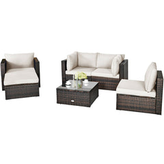 6 Piece Wicker Patio Sectional Set, Corner Sofas, Armless Seat, Single Sofa and 2 Ottomans, Cream Cushions