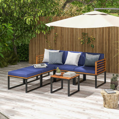 6 Piece Acacia and Metal Patio Sectional Set with 2 Ottomans and Coffee Table, Navy