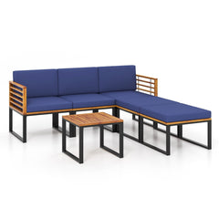 6 Piece Acacia and Metal Patio Sectional Set with 2 Ottomans and Coffee Table, Navy