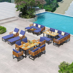 6 Piece Acacia and Metal Patio Sectional Set with 2 Ottomans and Coffee Table, Navy