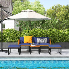6 Piece Acacia and Metal Patio Sectional Set with 2 Ottomans and Coffee Table, Navy