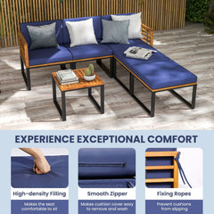 6 Piece Acacia and Metal Patio Sectional Set with 2 Ottomans and Coffee Table, Navy