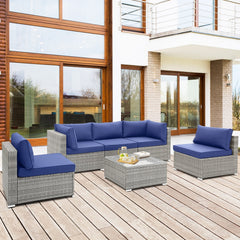 6 Piece Gray Wicker Patio Sectional Conversation Set with Glass Top Coffee Table, Navy