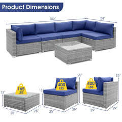 6 Piece Gray Wicker Patio Sectional Conversation Set with Glass Top Coffee Table, Navy