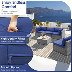 6 Piece Gray Wicker Patio Sectional Conversation Set with Glass Top Coffee Table, Navy
