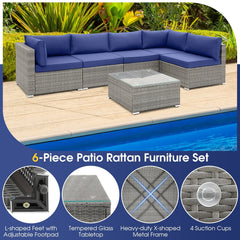 6 Piece Gray Wicker Patio Sectional Conversation Set with Glass Top Coffee Table, Navy