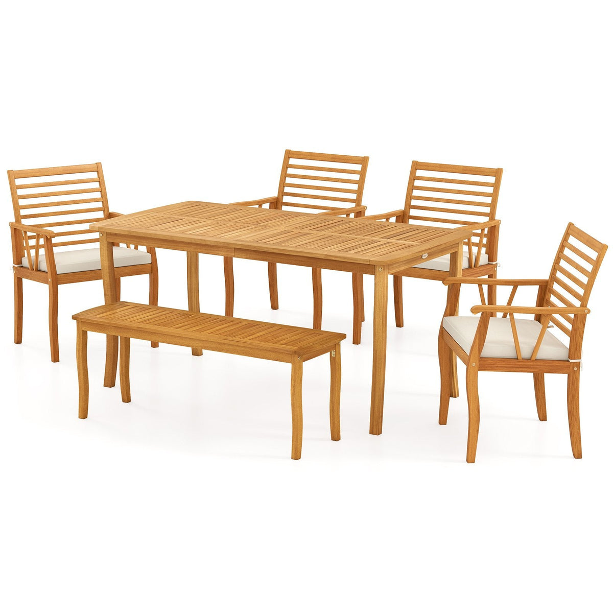 6 Piece Acacia Patio Dining Set, 63 Inch Table, Four Armchairs and a Bench That Moves Indoors