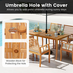 6 Piece Acacia Patio Dining Set, 63 Inch Table, Four Armchairs and a Bench That Moves Indoors