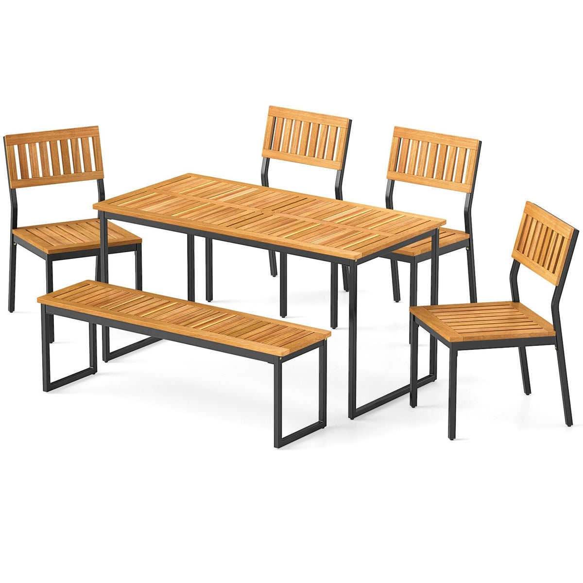 6 Piece Acacia Patio Dining Set for 6, 55 Inch Table with 2 Inch Umbrella Hole, 4 Chairs and a 51 Inch Bench