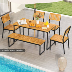 6 Piece Acacia Patio Dining Set for 6, 55 Inch Table with 2 Inch Umbrella Hole, 4 Chairs and a 51 Inch Bench