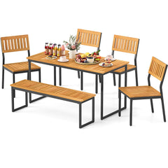 6 Piece Acacia Patio Dining Set for 6, 55 Inch Table with 2 Inch Umbrella Hole, 4 Chairs and a 51 Inch Bench