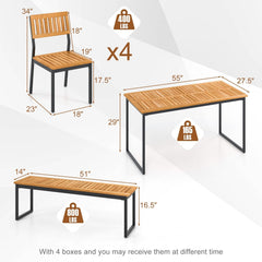 6 Piece Acacia Patio Dining Set for 6, 55 Inch Table with 2 Inch Umbrella Hole, 4 Chairs and a 51 Inch Bench