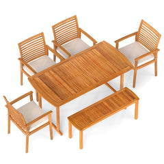 6 Piece Acacia Patio Dining Set, 63 Inch Table with Covered 1.97 Inch Umbrella Hole, 4 Armchairs and a Bench