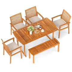6 Piece Acacia Patio Dining Set, 63 Inch Table with Covered 1.97 Inch Umbrella Hole, 4 Armchairs and a Bench