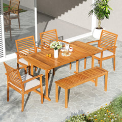 6 Piece Acacia Patio Dining Set, 63 Inch Table with Covered 1.97 Inch Umbrella Hole, 4 Armchairs and a Bench