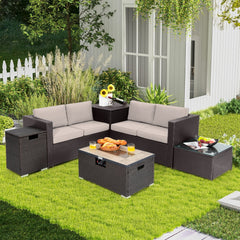 6 Piece Wicker Patio Conversation Set with 32 in Propane Fire Pit Table, Beige Cushions