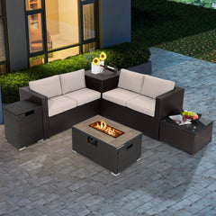6 Piece Wicker Patio Conversation Set with 32 in Propane Fire Pit Table, Beige Cushions