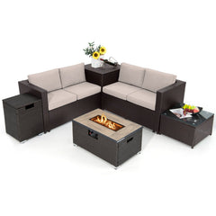6 Piece Wicker Patio Conversation Set with 32 in Propane Fire Pit Table, Beige Cushions