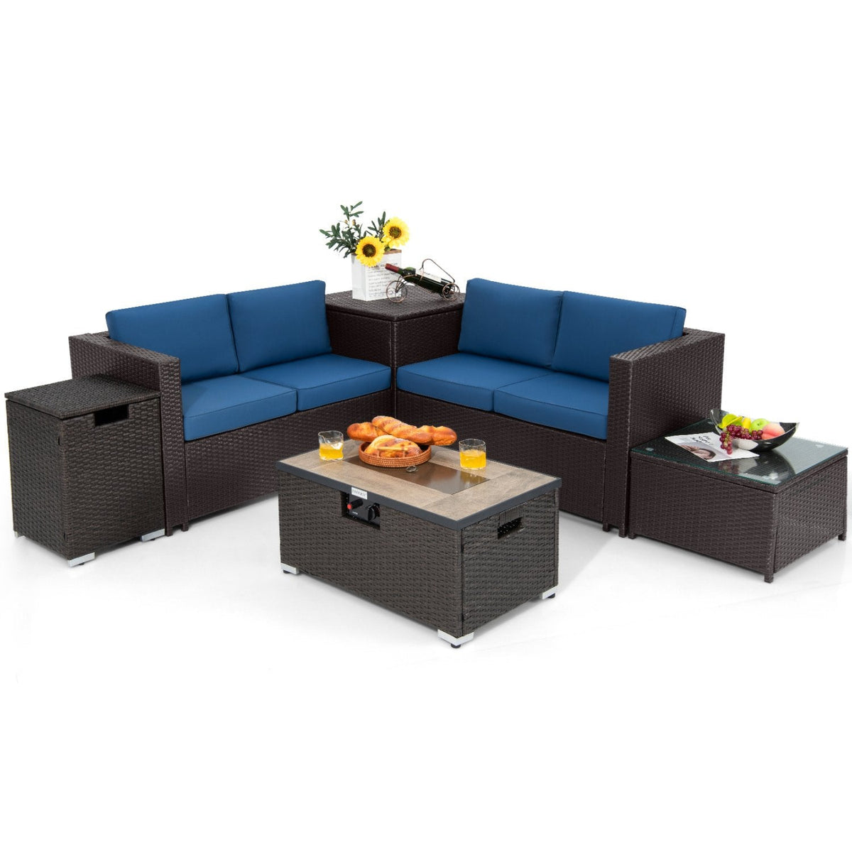 6 Piece Wicker Patio Conversation Set with 32 in Propane Fire Pit Table, Navy Cushions