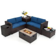 6 Piece Wicker Patio Conversation Set with 32 in Propane Fire Pit Table, Navy Cushions