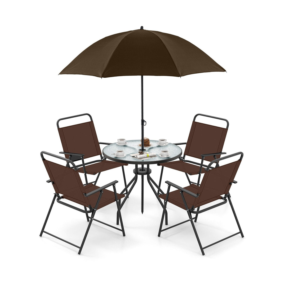 6 Piece Patio Dining Set, 31.5 Inch Glass Table, 4 Folding Chairs and a Coffee Umbrella That Tilts 45 Degrees