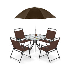 6 Piece Patio Dining Set, 31.5 Inch Glass Table, 4 Folding Chairs and a Coffee Umbrella That Tilts 45 Degrees