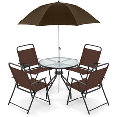 6 Piece Patio Dining Set, 31.5 Inch Glass Table, 4 Folding Chairs and a Coffee Umbrella That Tilts 45 Degrees