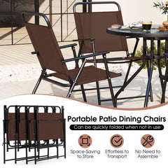 6 Piece Patio Dining Set, 31.5 Inch Glass Table, 4 Folding Chairs and a Coffee Umbrella That Tilts 45 Degrees