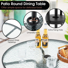 6 Piece Patio Dining Set, 31.5 Inch Glass Table, 4 Folding Chairs and a Coffee Umbrella That Tilts 45 Degrees