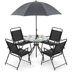 6 Piece Patio Dining Set, 31.5 Inch Glass Table with Extra Pole Fixing Hole, 4 Folding Chairs and a Grey Umbrella