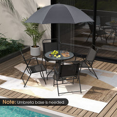 6 Piece Patio Dining Set, 31.5 Inch Glass Table with Extra Pole Fixing Hole, 4 Folding Chairs and a Grey Umbrella