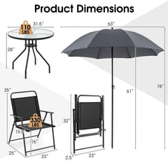 6 Piece Patio Dining Set, 31.5 Inch Glass Table with Extra Pole Fixing Hole, 4 Folding Chairs and a Grey Umbrella