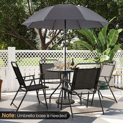 6 Piece Patio Dining Set, 31.5 Inch Glass Table with Extra Pole Fixing Hole, 4 Folding Chairs and a Grey Umbrella