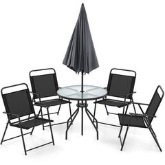 6 Piece Patio Dining Set, 31.5 Inch Glass Table with Extra Pole Fixing Hole, 4 Folding Chairs and a Grey Umbrella